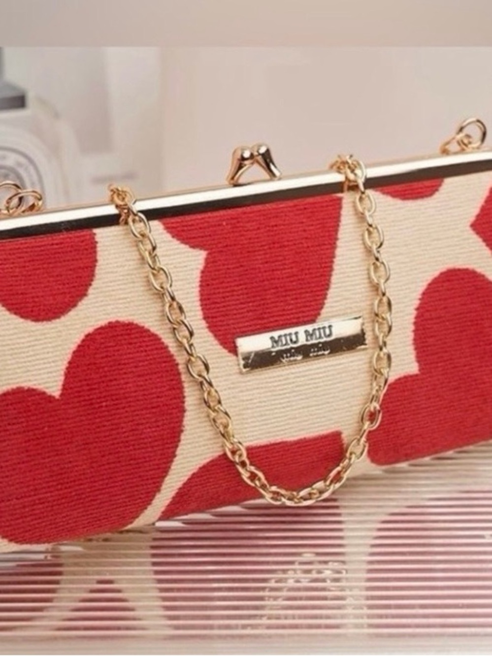 Miu Miu NWB Red and Cream Heart-Print Chain Clutch